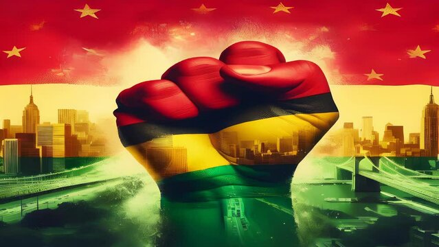 Close-up of hand fist symbol pose with fluttering juneteenth flag on the bacground and copy space area.