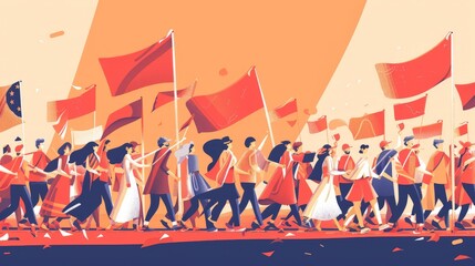 An illustration in 2D flat style of a patriotic parade, featuring minimalist characters marching with flags and banners. The scene captures the festive and unified atmosphere of the parade.
