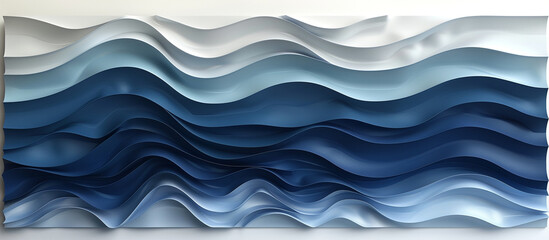 A sophisticated 3D wall art installation of abstract waves in shades of blue and white, creating a calming and elegant decor piece.