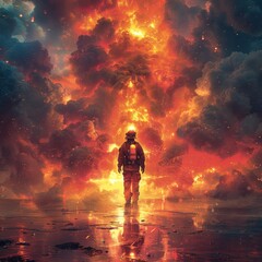 Fototapeta premium A firefighter stands in front of a building engulfed in flames, surrounded by smoke from the flames. The scene is filled with intense colors like red, orange, creating a dramatic atmosphere.