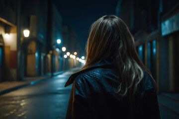 A lone woman on a street at night, back view