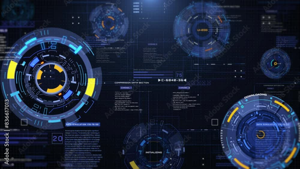 Aufkleber HUD futuristic rotation circle crosshair element with digital data dashboard, chart for business development platform, game, technology 4K motion