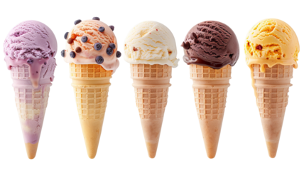 A colorful assortment of five ice cream cones in various flavors, lined up neatly in a row against a white background.