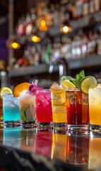 Groups of colorful cocktails line the bar counter.