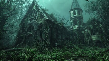 An old, abandoned church with broken windows and overgrown grounds. The dark, decaying structure and eerie surroundings create a haunting atmosphere, captured in a simple, yet detailed, digital