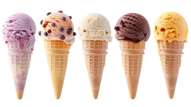A colorful assortment of five ice cream cones in various flavors, lined up neatly in a row against a white background.
