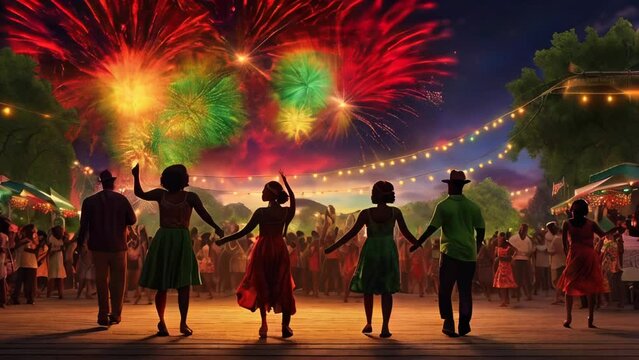 Night view of Juneteenth with red, green, and yellow fireworks lighting up the sky and silhouettes of people celebrating with dancing.