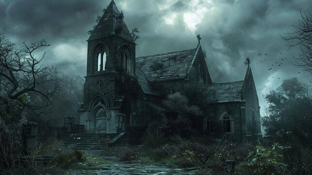 An old, abandoned church with broken windows and overgrown grounds. The dark, decaying structure and eerie surroundings create a haunting atmosphere, captured in a simple, yet detailed, digital