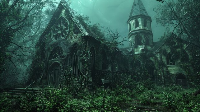 An old, abandoned church with broken windows and overgrown grounds. The dark, decaying structure and eerie surroundings create a haunting atmosphere, captured in a simple, yet detailed, digital