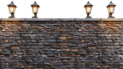Brick wall with vintage street lamps on top, providing warm lighting against a dark backdrop. Ideal for backgrounds or architectural themes.