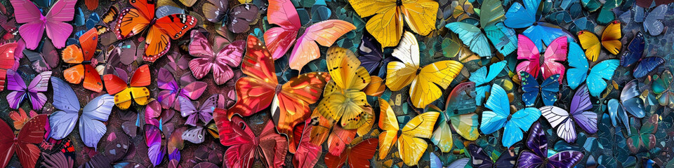 Obraz premium A vibrant 3D wall art installation featuring a mosaic of colorful butterflies, each intricately detailed with shimmering wings.