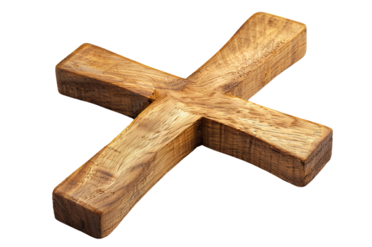 Handcrafted wooden cross isolated on white background, symbolizing faith, spirituality, and craftsmanship.