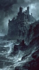Naklejka premium A gothic horror illustration showing a crumbling castle perched on a cliffside, overlooking a stormy sea. The castle's towers and battlements are silhouetted against a dark, cloudy sky, and waves