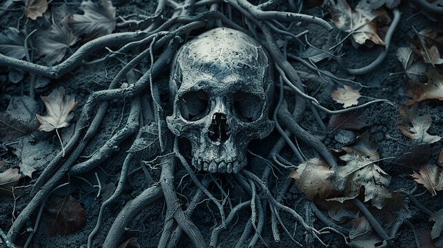 A macabre visuals piece featuring a skull partially buried in the ground, surrounded by twisted roots and decaying leaves. The minimalist design focuses on the stark contrast between the dark