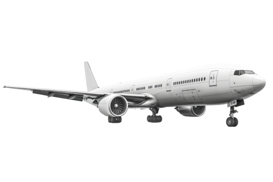Large commercial passenger airplane isolated on a white background, displaying detailed design and structure of the aircraft.