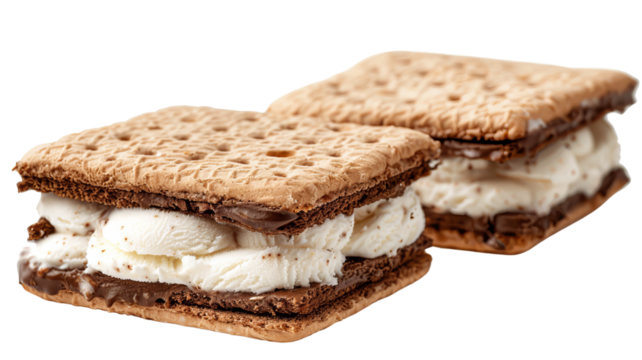 Two delicious s'mores with marshmallow and chocolate, sandwiched between graham crackers, isolated on a white background.