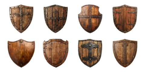 Collection of wooden shield, defense protection shield isolated on a transparent background, cut out, PNG