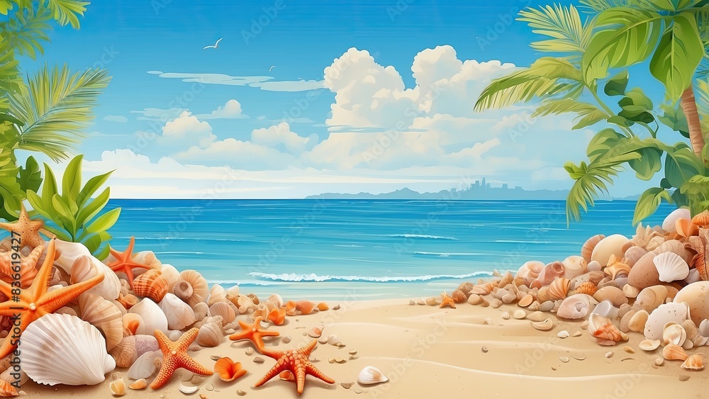 Canvas Prints Landscape with seashells on tropical beach - summer holiday illustration - Canvas Prints