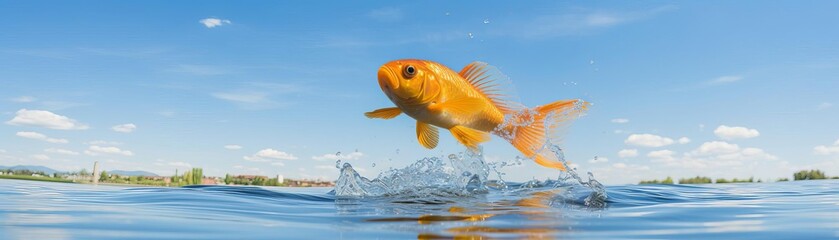 Fototapeta premium A golden fish leaping out of a serene summer lake, with a clear blue sky and gentle sunlight, Realistic, Natural Colors, Photography, Peaceful.