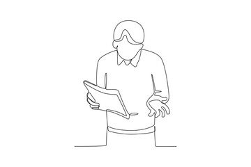 Single continuous line drawing of A confused man looks at a file. Stressed working in office with problem. One line draw design vector illustration