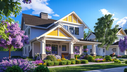 Front view of a newly constructed craftsman style lilac house with yellow accents, in a quiet village.