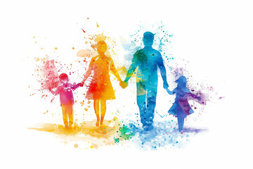 A colorful watercolor silhouette of a family of four, holding hands, symbolizing unity and happiness.