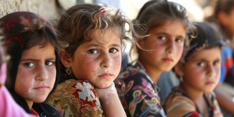 Fototapeta premium World Refugee Day: A Look of Hope - 4k Wallpaper. This poignant and powerful image captures the essence of World Refugee Day, a day to raise awareness and support for refugees around the world. The im