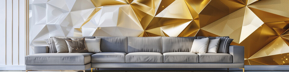 Abstract geometric 3D wall art in gold and white with a modern gray sofa.