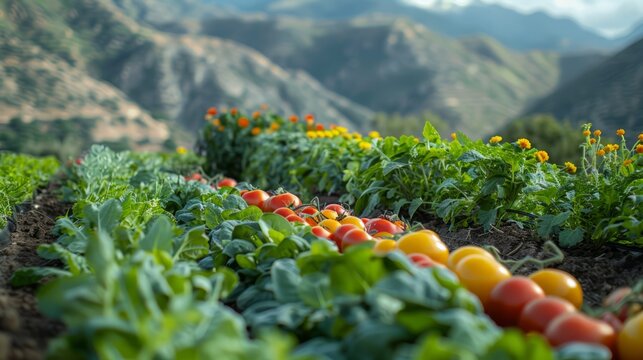 Organic farming on a mountainside, with various vegetables like tomatoes, peppers, and leafy greens flourishing under the crisp mountain air and sunlight.