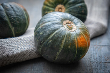 Small green pumpkins with orange spots on a gray textured table, on a linen towel. Close-up.