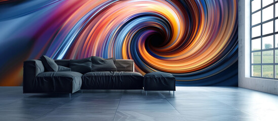 Abstract swirling vortex 3D wall art with a modern black sofa.