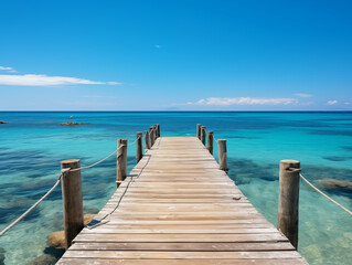 Fototapeta premium A Long Wooden Pier Extending Into The Ocean, With Gentle Waves And Seagulls Against A Clear Blue Sky
