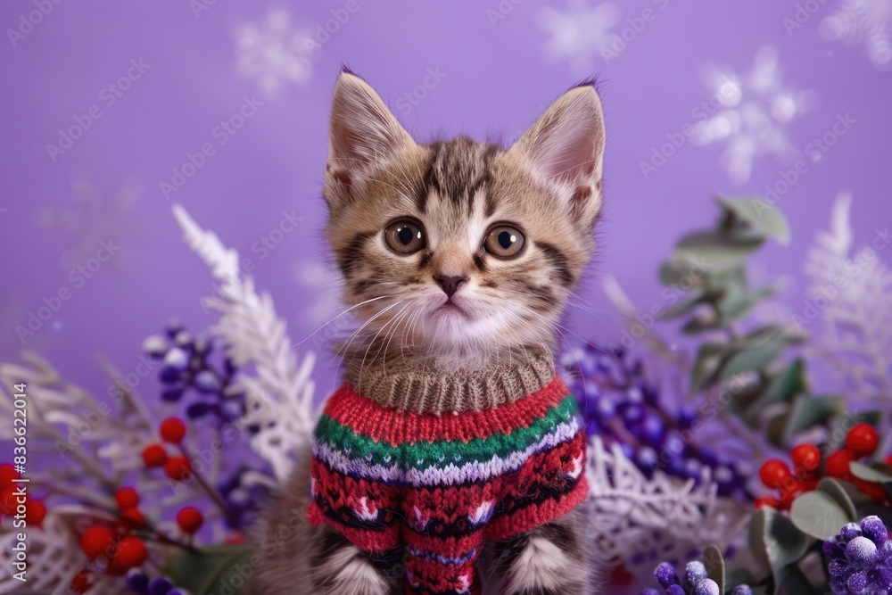 Wall mural cat with christmas decorations