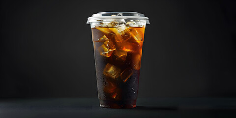 A cup of iced coffee with ice cubes in it. The cup is sitting on a table