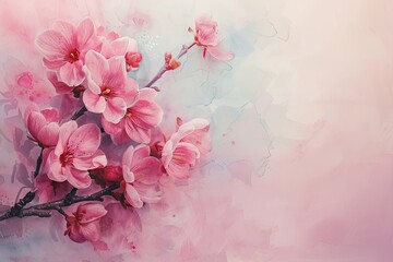 Elegant watercolor painting of vibrant pink cherry blossoms on a soft, dreamy background, evoking a sense of spring and tranquility.