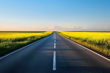 The road with white lines leading into the distance, asphalt pavement, yellow rapeseed fields on both sides of it and blue sky in the background, the sun setting on the horizon, landscape
