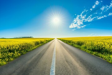 The road with white lines leading into the distance, asphalt pavement, yellow rapeseed fields on both sides of it and blue sky in the background, the sun setting on the horizon, landscape