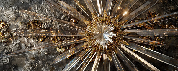 An elaborate 3D wall art design of a radiant sunburst, with detailed rays crafted from polished metal and acrylic, creating a stunning focal point.