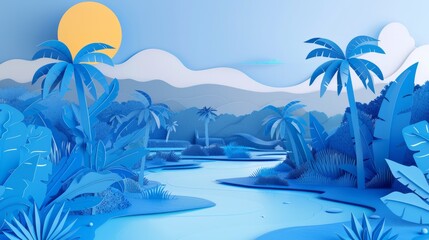 Blue paper art of a tropical landscape with palm trees, river, sky and sun, summer concept illustration