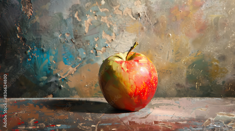 Wall mural a painting of a red apple with a green stem - Wall murals