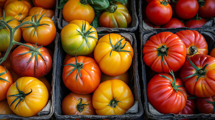 Directly above view of multicolored tomatoes on the market stall at farmer's market.