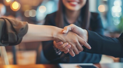 Close-up of a handshake between two business professionals, symbolizing successful negotiation or partnership in a modern office setting.
