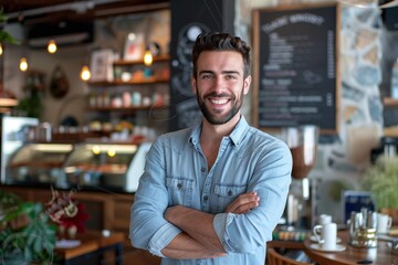 Fototapeta premium Happy man in casual attire with arms crossed, radiating confidence. Perfect for themes of people, success, business growth, and a bright future.