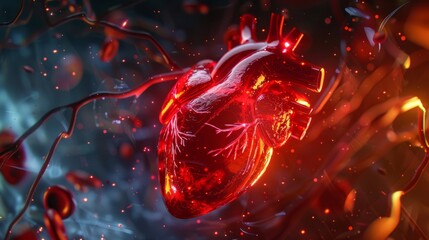 Heart-shaped crystal immersed in a dynamic bloodstream, symbolizing technological advancements in heart health monitoring. health science background