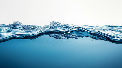 Blue water smooth line surface, side view ,See clearly through the opposite side ,no air bubbles inside ,on white background.