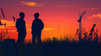 Team of Engineers in Discussion Against Sunset Backdrop