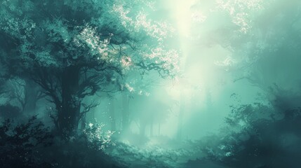 An ethereal landscape featuring a tranquil forest with abstract, glowing trees and a soft, misty background. The simplicity of the design, focusing on clean lines and gentle gradients, creates a