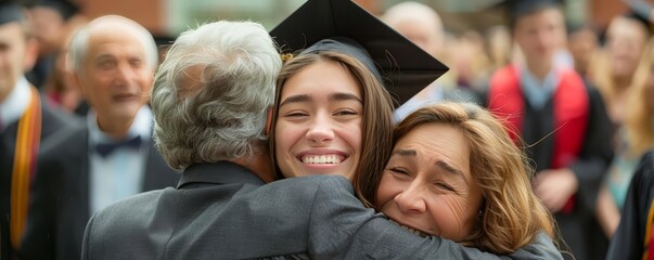 Fototapeta premium Graduation hugs image of a graduate hugging their parents, all with beaming smiles, capturing a heartfelt moment of pride