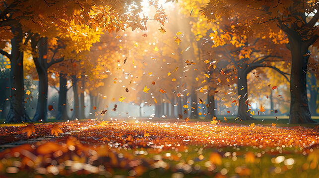 A photorealistic natural park with autumn trees