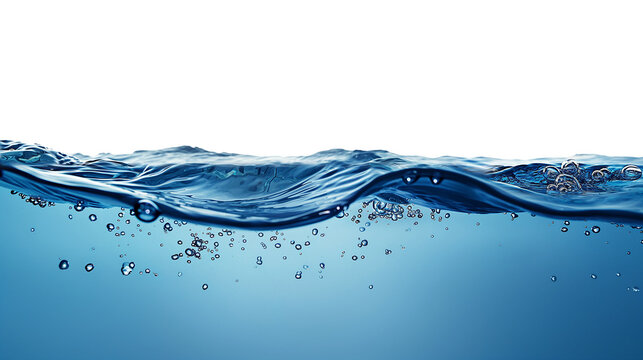 Blue water smooth line surface, side view ,See clearly through the opposite side ,on white background.
